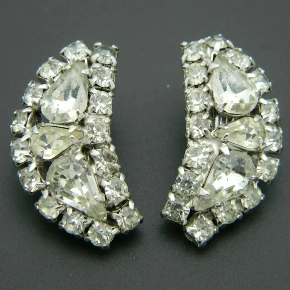 Clear Rhinestone Crescent Art Deco Style Earrings
